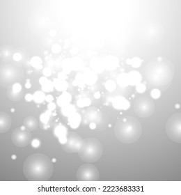 Silver Bokeh Christmas Background. Snow Flakes on Light Grey. Blurred Vector Design. Holiday Winter Backdrop With Glow and Overlay Effect. Season Bling Christmas Decoration.