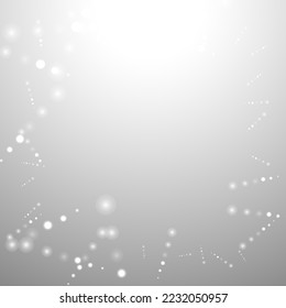 Silver Bokeh Christmas Background. Snow Flakes on Light Grey. Blurred Vector Design. Holiday Winter Backdrop With Glow and Overlay Effect. Season Bling Christmas Decoration.