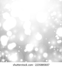 Silver Bokeh Christmas Background. Snow Flakes on Light Grey. Blurred Vector Design. Holiday Winter Backdrop With Glow and Overlay Effect. Season Bling Christmas Decoration.