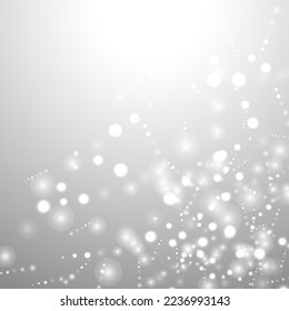 Silver Bokeh Christmas Background. Snow Flakes on Light Grey. Blurred Vector Design. Holiday Winter Backdrop With Glow and Overlay Effect. Season Bling Christmas Decoration.
