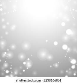 Silver Bokeh Christmas Background. Snow Flakes on Light Grey. Blurred Vector Design. Holiday Winter Backdrop With Glow and Overlay Effect. Season Bling Christmas Decoration.