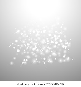 Silver Bokeh Christmas Background. Snow Flakes on Light Grey. Blurred Vector Design. Holiday Winter Backdrop With Glow and Overlay Effect. Season Bling Christmas Decoration.