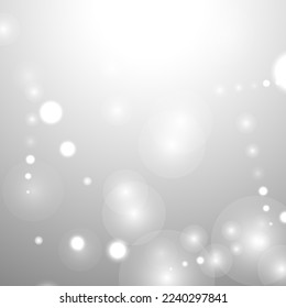 Fondo de Navidad de Bokeh Plateado. Nieve se lanza sobre el gris claro. Diseño de vectores borrosos. Fondo de invierno de vacaciones con efecto de resplandor y superposición. Decoración navideña de temporada.
