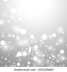 Silver Bokeh Christmas Background. Snow Flakes on Light Grey. Blurred Vector Design. Holiday Winter Backdrop With Glow and Overlay Effect. Season Bling Christmas Decoration.