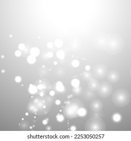 Silver Bokeh Christmas Background. Snow Flakes on Light Grey. Blurred Vector Design. Holiday Winter Backdrop With Glow and Overlay Effect. Season Bling Christmas Decoration.