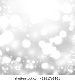 Silver Bokeh Christmas Background. Snow Flakes on Light Grey. Blurred Vector Design. Holiday Winter Backdrop With Glow and Overlay Effect. Season Bling Christmas Decoration.