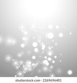 Silver Bokeh Christmas Background. Snow Flakes on Light Grey. Blurred Vector Design. Holiday Winter Backdrop With Glow and Overlay Effect. Season Bling Christmas Decoration.