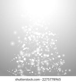 Silver Bokeh Christmas Background. Snow Flakes on Light Grey. Blurred Vector Design. Holiday Winter Backdrop With Glow and Overlay Effect. Season Bling Christmas Decoration.