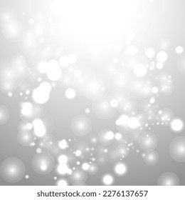 Silver Bokeh Christmas Background. Snow Flakes on Light Grey. Blurred Vector Design. Holiday Winter Backdrop With Glow and Overlay Effect. Season Bling Christmas Decoration.