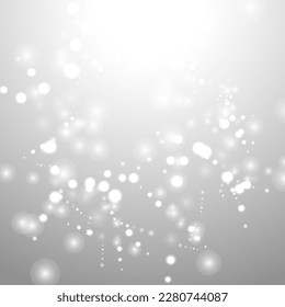 Silver Bokeh Christmas Background. Snow Flakes on Light Grey. Blurred Vector Design. Holiday Winter Backdrop With Glow and Overlay Effect. Season Bling Christmas Decoration.