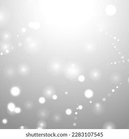 Silver Bokeh Christmas Background. Snow Flakes on Light Grey. Blurred Vector Design. Holiday Winter Backdrop With Glow and Overlay Effect. Season Bling Christmas Decoration.