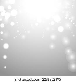 Silver Bokeh Christmas Background. Snow Flakes on Light Grey. Blurred Vector Design. Holiday Winter Backdrop With Glow and Overlay Effect. Season Bling Christmas Decoration.