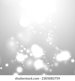 Silver Bokeh Christmas Background. Snow Flakes on Light Grey. Blurred Vector Design. Holiday Winter Backdrop With Glow and Overlay Effect. Season Bling Christmas Decoration.