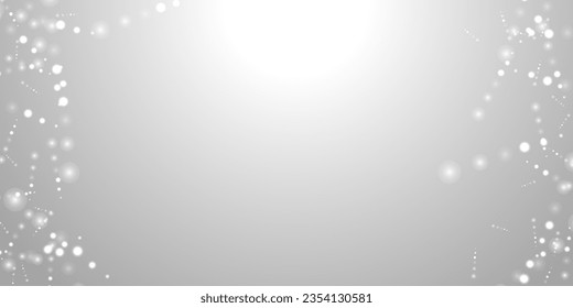 Silver Bokeh Christmas Background. Snow Flakes on Light Grey. Blurred Vector Design. Holiday Winter Backdrop With Glow and Overlay Effect. Season Bling Christmas Decoration.