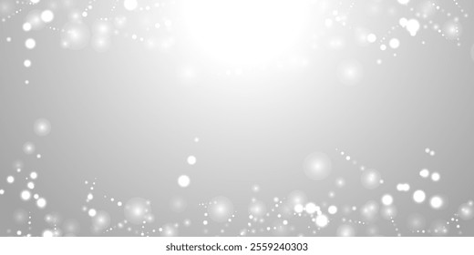 Silver Bokeh Christmas Background. Snow Flakes on Light Grey. Blurred Vector Design. Holiday Winter Backdrop With Glow and Overlay Effect. Season Bling Christmas Decoration.