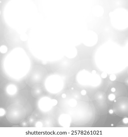 Silver Bokeh Christmas Background. Snow Flakes on Light Grey. Blurred Vector Design. Holiday Winter Backdrop With Glow and Overlay Effect. Season Bling Christmas Decoration.