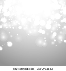 Silver Bokeh Christmas Background. Snow Flakes on Light Grey. Blurred Vector Design. Holiday Winter Backdrop With Glow and Overlay Effect. Season Bling Christmas Decoration.