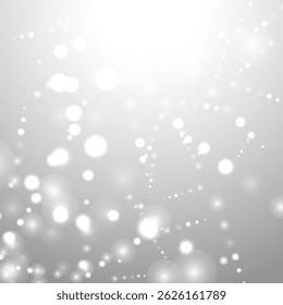 Silver Bokeh Christmas Background. Snow Flakes on Light Grey. Blurred Vector Design. Holiday Winter Backdrop With Glow and Overlay Effect. Season Bling Christmas Decoration.