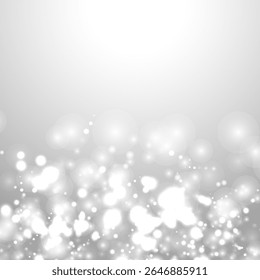 Silver Bokeh Christmas Background. Snow Flakes on Light Grey. Blurred Vector Design. Holiday Winter Backdrop With Glow and Overlay Effect. Season Bling Christmas Decoration.
