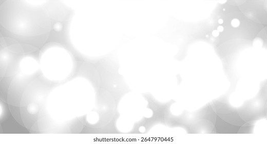 Silver Bokeh Christmas Background. Snow Flakes on Light Grey. Blurred Vector Design. Holiday Winter Backdrop With Glow and Overlay Effect. Season Bling Christmas Decoration.