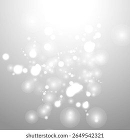 Silver Bokeh Kerst Achtergrond. Sneeuwvlokken op lichtgrijs. Vectorontwerp vervaagd. Vakantie Winter achtergrond met Glow en Overlay Effect. Seizoen Bling Kerstdecoratie.