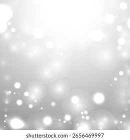 silberner Bokeh-Weihnachtshintergrund. Schneeflocken auf Hellgrau. Unscharfes Vektordesign. Winter-Kulisse im Urlaub mit Glanz und Overlay-Effekt. Saison Bling Weihnachtsdekoration.