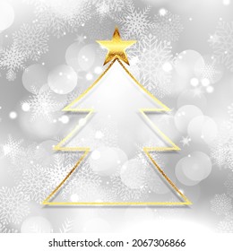 silberner Bokeh-Hintergrund mit glänzendem goldenem Weihnachtsbaumdesign