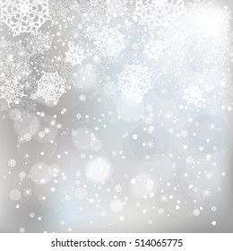Silver bokeh lights background with snowflakes. Vector illustration.