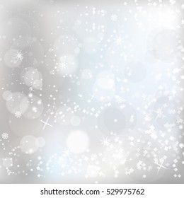 Silver bokeh lights background with snowflakes. Vector illustration.