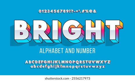 Silver bold 3d font with bright gradient. Gradient Colored alphabet with big, small letters, symbols and numbers