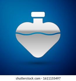 Silver Bottle with love potion icon isolated on blue background. Valentines day symbol.  Vector Illustration