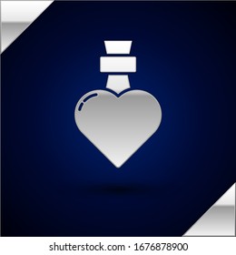Silver Bottle with love potion icon isolated on dark blue background. Valentines day symbol.  Vector Illustration
