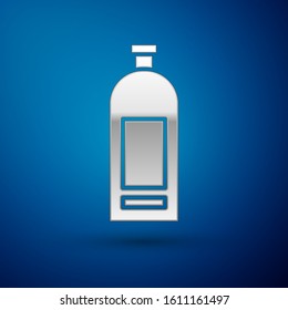 Silver Bottle of shampoo icon isolated on blue background.  Vector Illustration