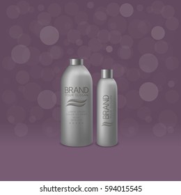 Silver bottles. Package collection for cream, soups, foams, shampoo and other cosmetics