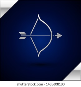 Silver Bow and arrow icon isolated on dark blue background. Cupid symbol. Love sign. Valentines day concept.  Vector Illustration