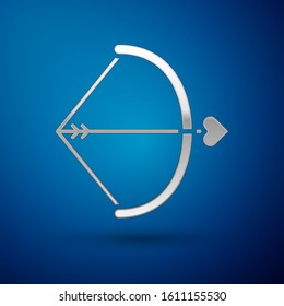 Silver Bow and arrow icon isolated on blue background. Cupid symbol. Love sign. Valentines day concept.  Vector Illustration