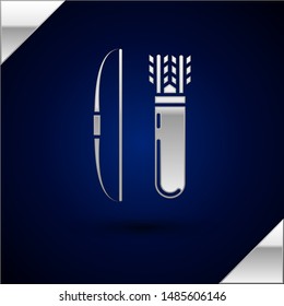 Silver Bow and arrow in quiver icon isolated on dark blue background.  Vector Illustration