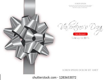 Silver bow card Vector realistic. Special Valentine day wishes. 3d illustrations