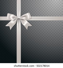 silver bow decoration and ribbon on transparent grid background. vector