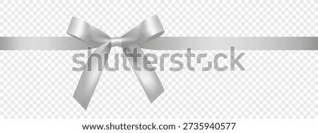 Silver bow with long silver ribbon isolated on transparent background, made in realistic style.