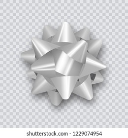 Silver bow for packing gifts. Realistic vector illustration on transparency grid.