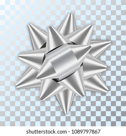 Silver bow ribbon 3d decor element package. Shiny satin decoration gift present, isolated white transparent background. Christmas, New Year holiday celebration design Vector illustration