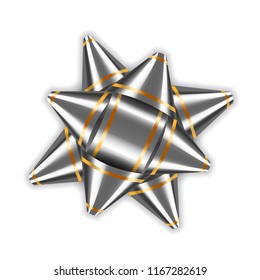 Silver bow ribbon 3d decor element package. Shiny gray satin decoration gift present, holiday design, isolated white background. Symbol Christmas, New Year celebration, birthday Vector illustration