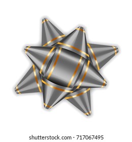 Silver bow ribbon decor element package. Shiny white satin decoration gift present, holiday design, isolated white background. Symbol Christmas, New Year celebration, birthday Vector illustration