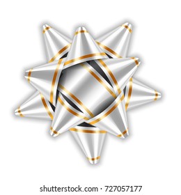 Silver bow ribbon decor element package. Shiny white satin decoration gift present, holiday design, isolated white background. Symbol Christmas, New Year celebration, birthday Vector illustration