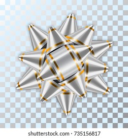 Silver bow ribbon decor element package. Shiny gold template gift present isolated on white transparent background. Christmas, New Year celebration holiday, birthday design Vector illustration