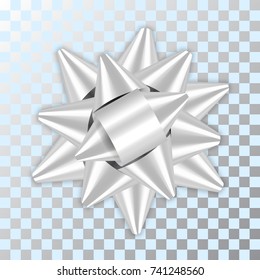Silver bow ribbon decor element package. Shiny satin decoration gift present, isolated white transparent background. Christmas, New Year holiday celebration design Vector illustration