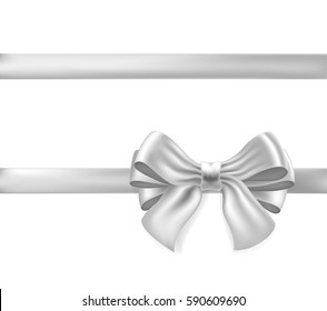 Silver bow ribbon on white. Celebration greeting design element. Vector
