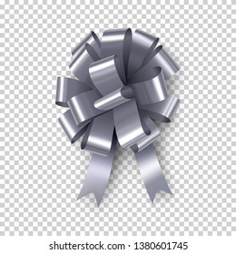 Silver bow with ribbon with shadow isolated on transparent background. Realistic decoration for holidays. Beautiful decor from silk vector illustration. Christmas or birthday packing element.