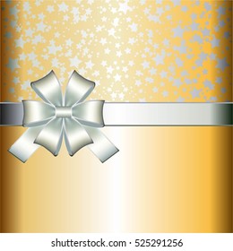 Silver bow and stars on a gold background.